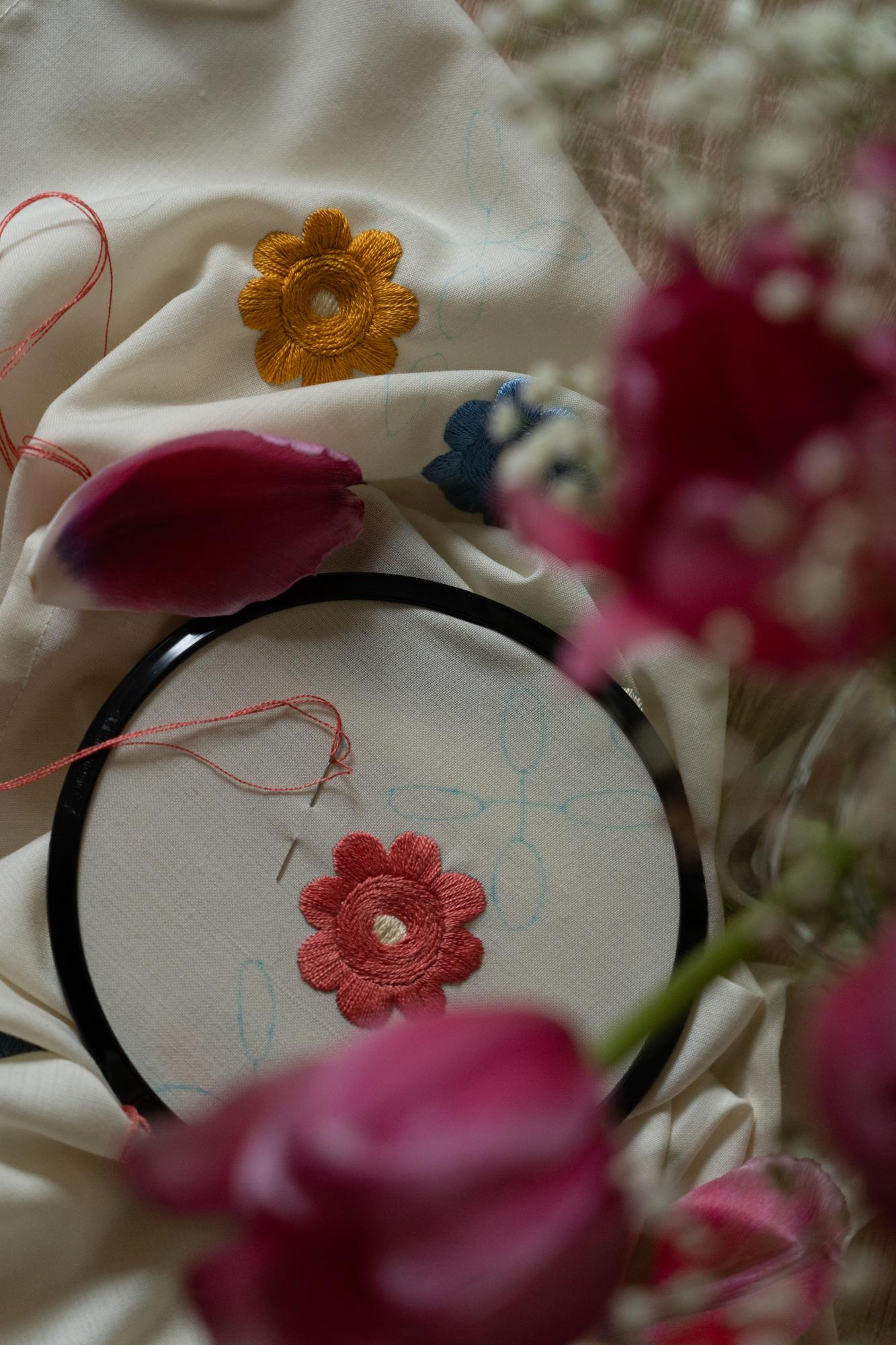 close-up of hand embroidery hoop with floral motif
